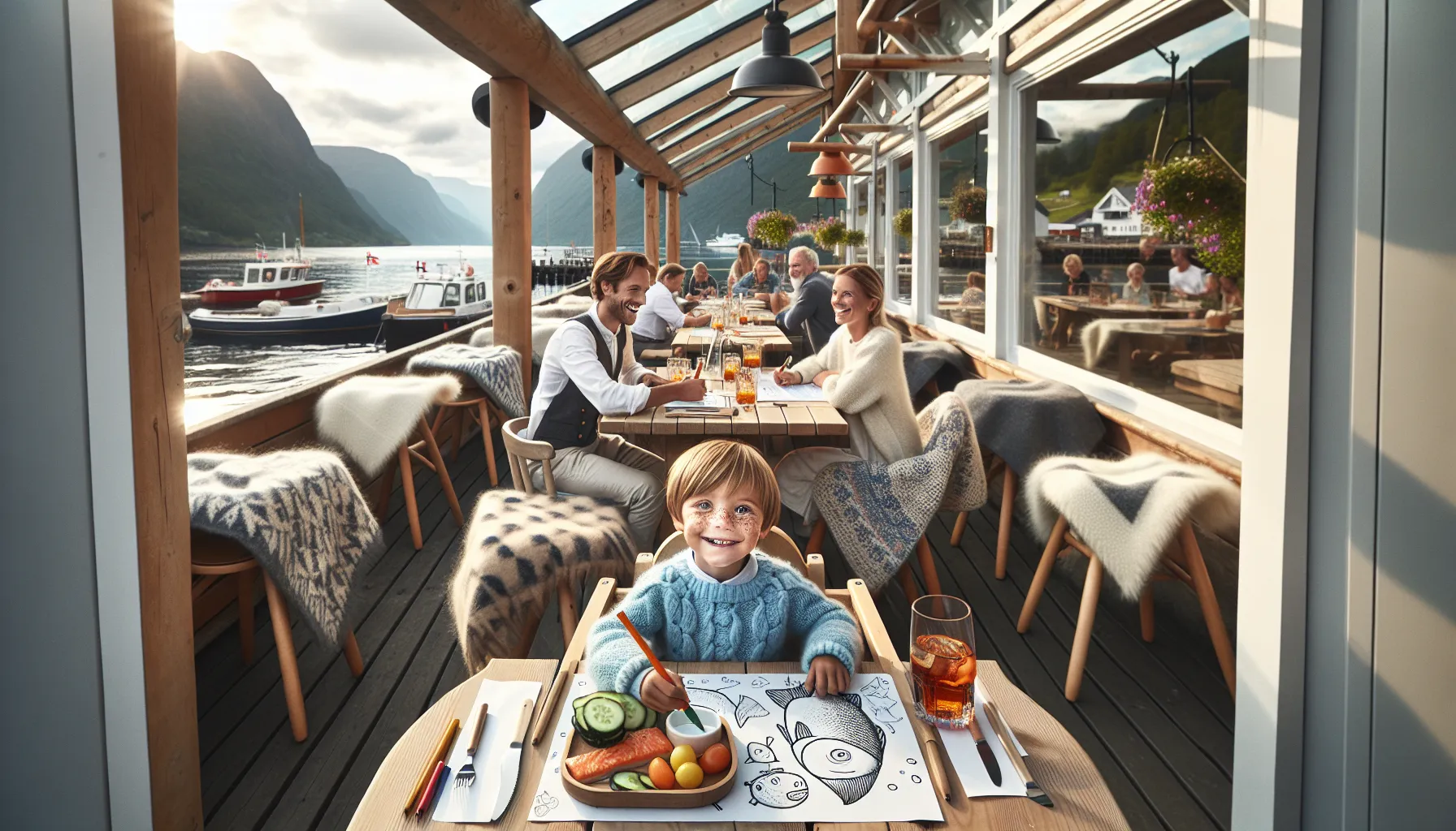 Norwegian family dining on a cozy waterfront terrace with kid-friendly features.