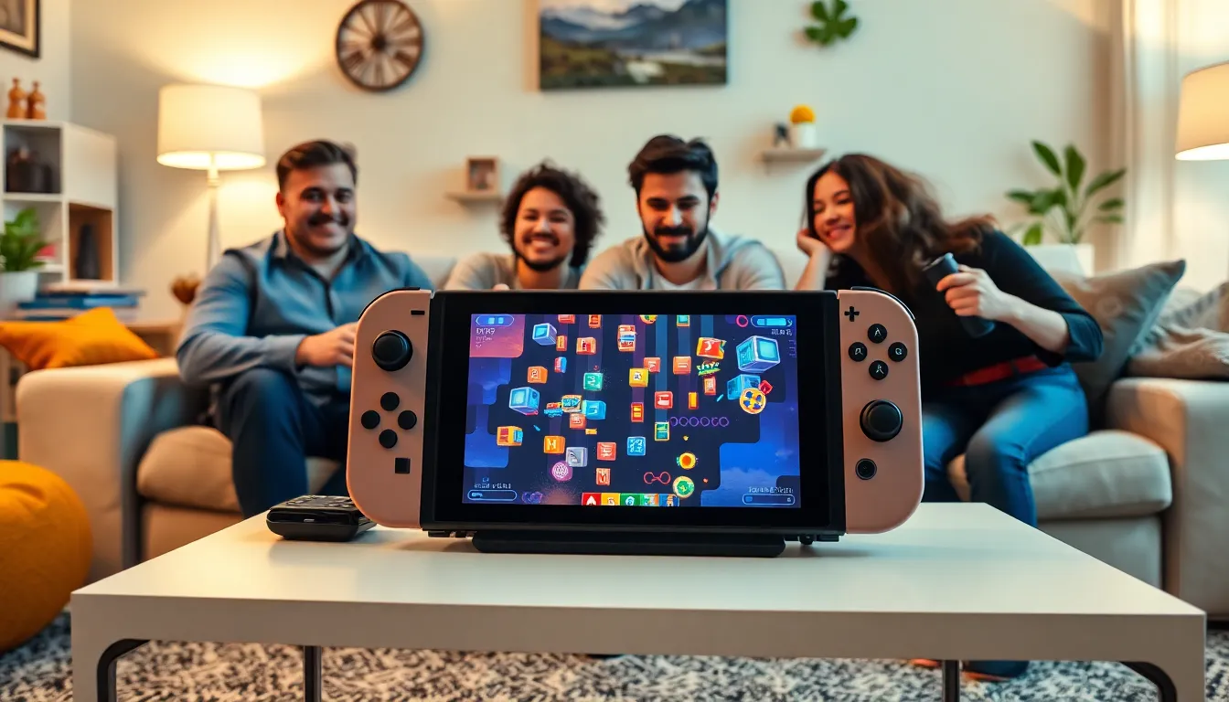 diverse group playing puzzle games on a Nintendo Switch in a cozy living room.