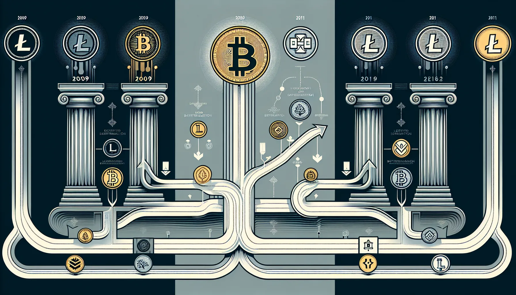 Timeline showing Bitcoin's 2009 launch and Litecoin's 2011 creation as complementary cryptocurrencies.