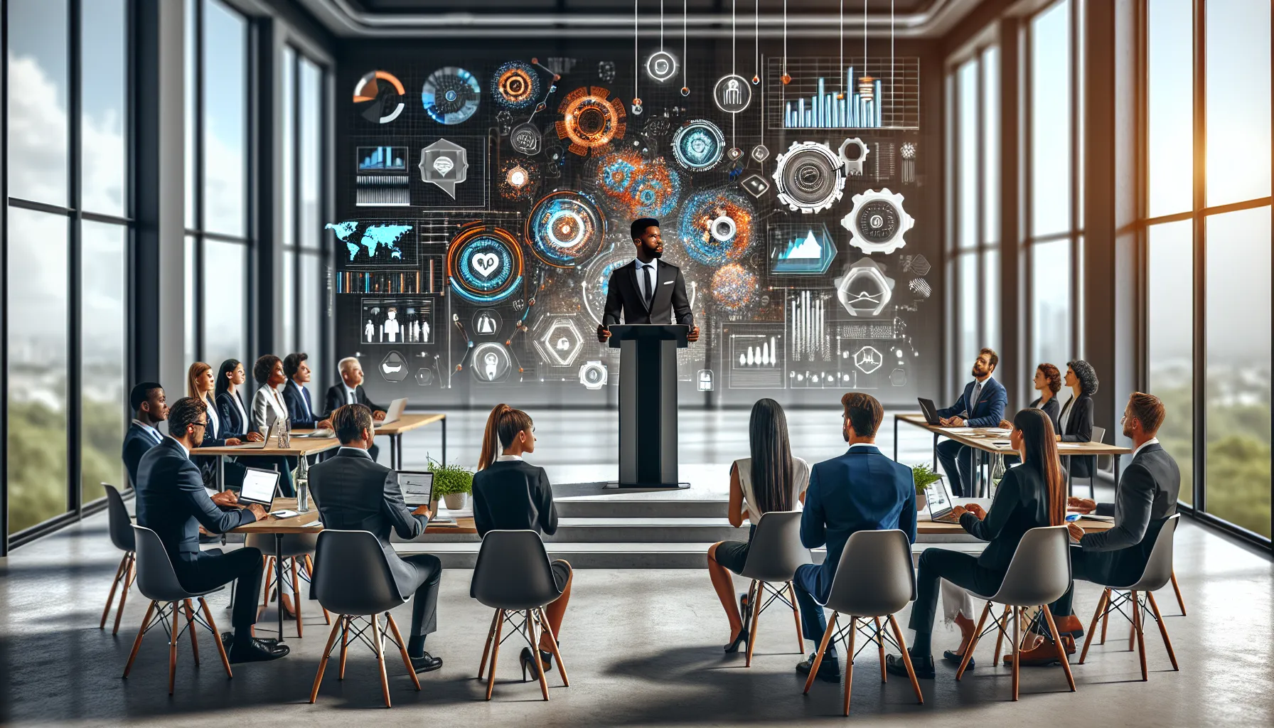 diverse professionals at a gamification summit conference.