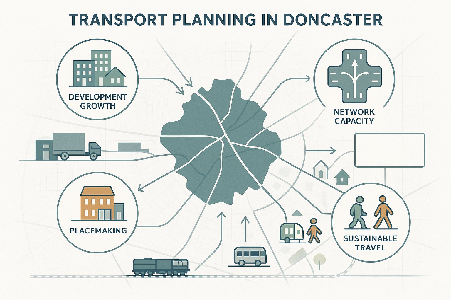 Infographic showing how development, roads, and sustainable travel connect in Doncaster.