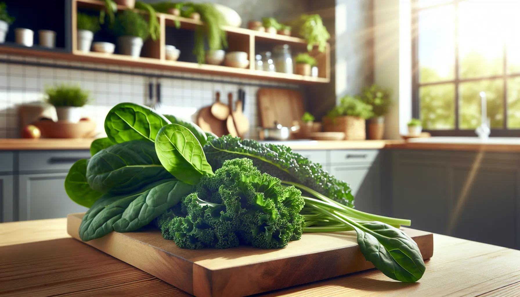A kitchen counter displaying fresh spinach and kale leaves on a chopping board.