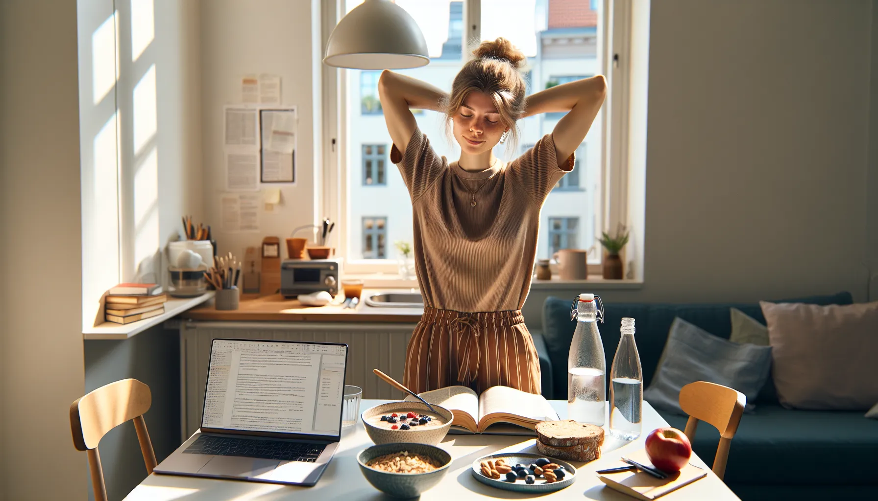 Norwegian student stretching by study desk with healthy food and water during exams.