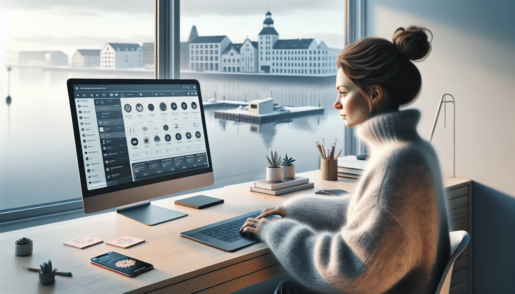 Norwegian professional reviewing lms tools and templates on a laptop screen.