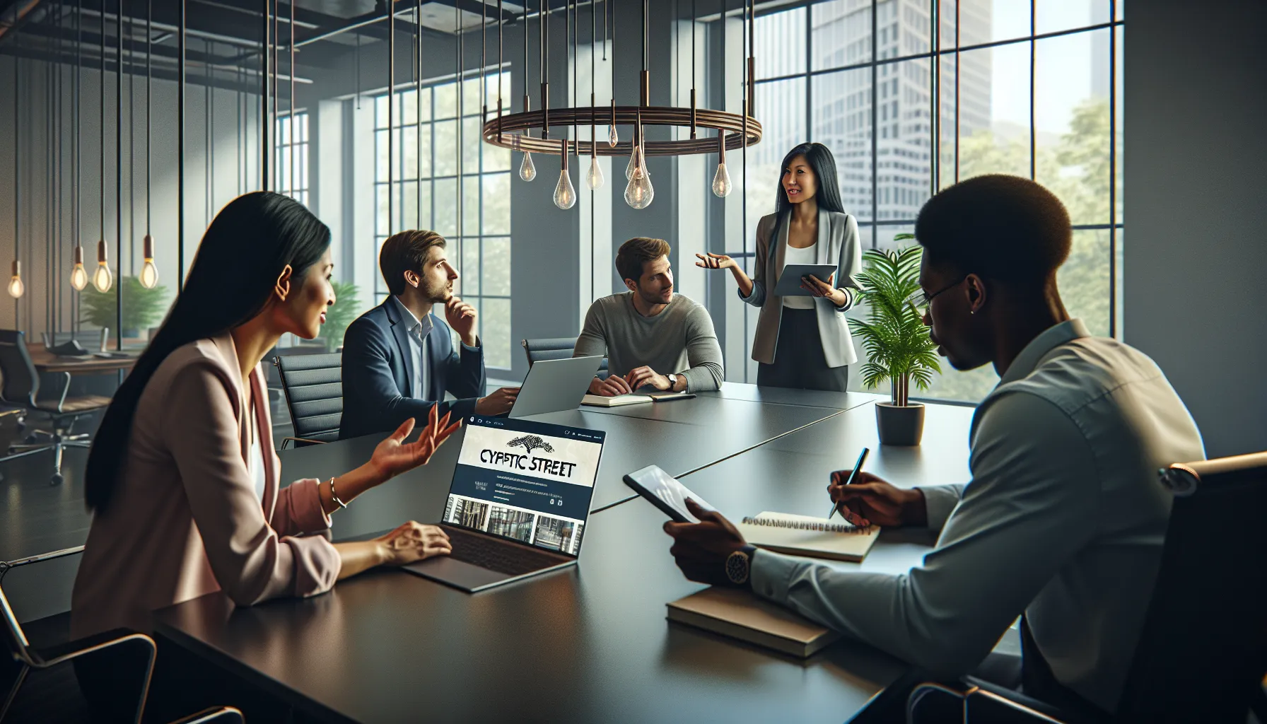 diverse team discussing customer inquiries in a modern office.