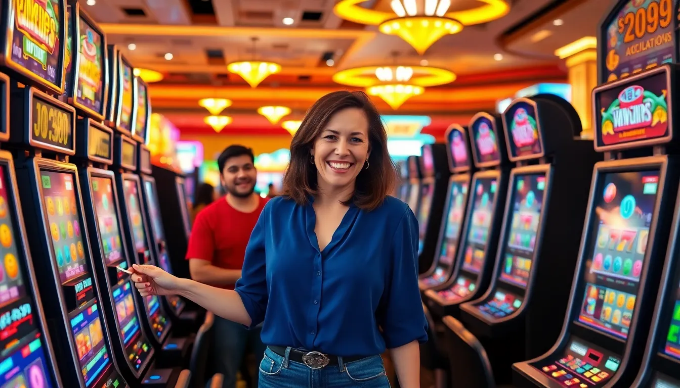 players in a casino celebrating a growing accumulative jackpot at slot machines.