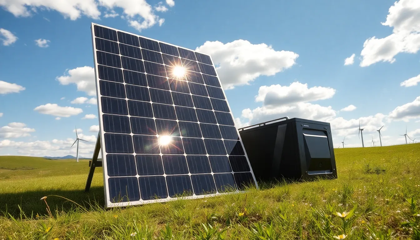 a solar panel and battery storage unit in a sunny American landscape.