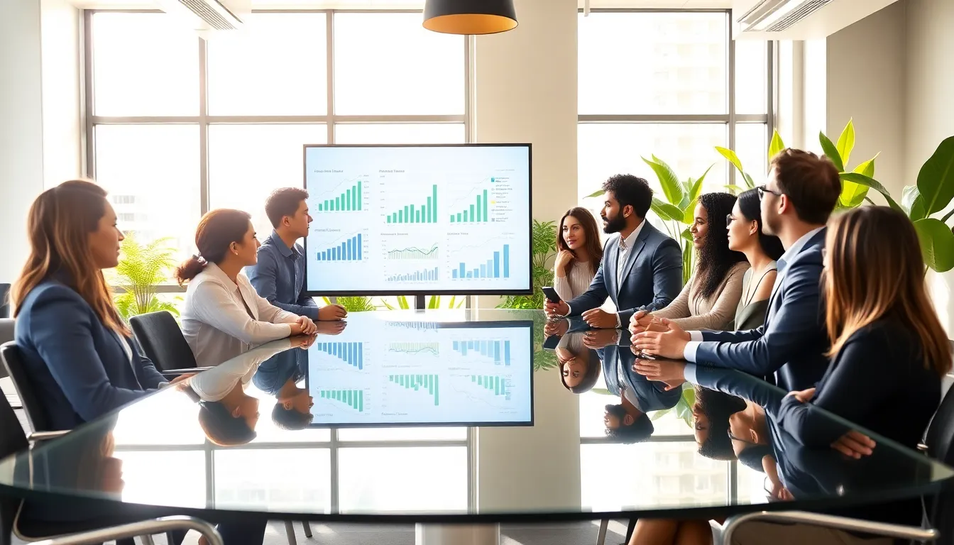 diverse team discussing sustainable investing in a modern office.