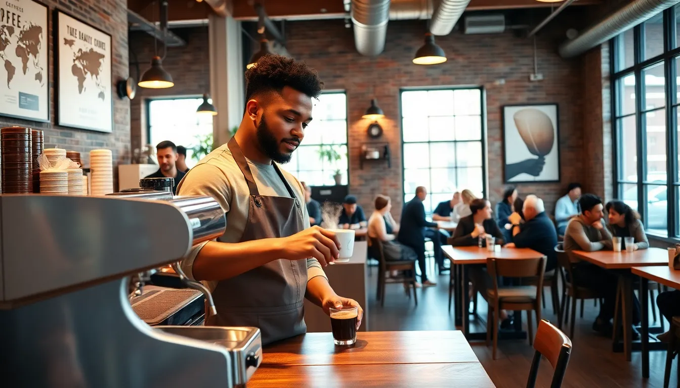 Barista preparing coffee in a cozy café atmosphere.