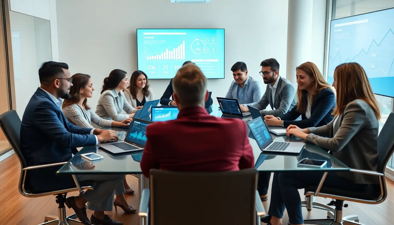 diverse team discussing digital business innovation in a modern office.