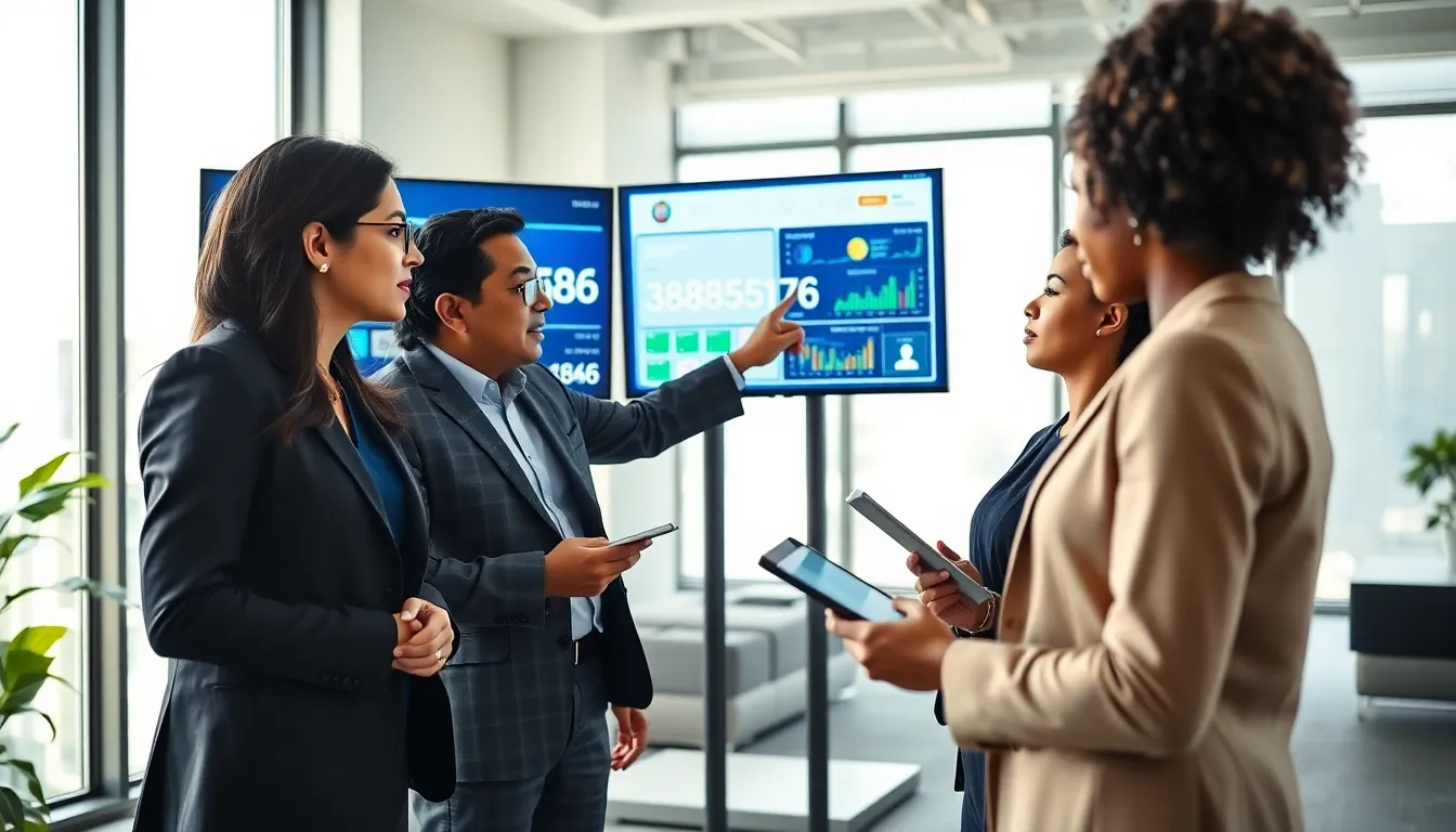 team discussing data in a modern office setting.