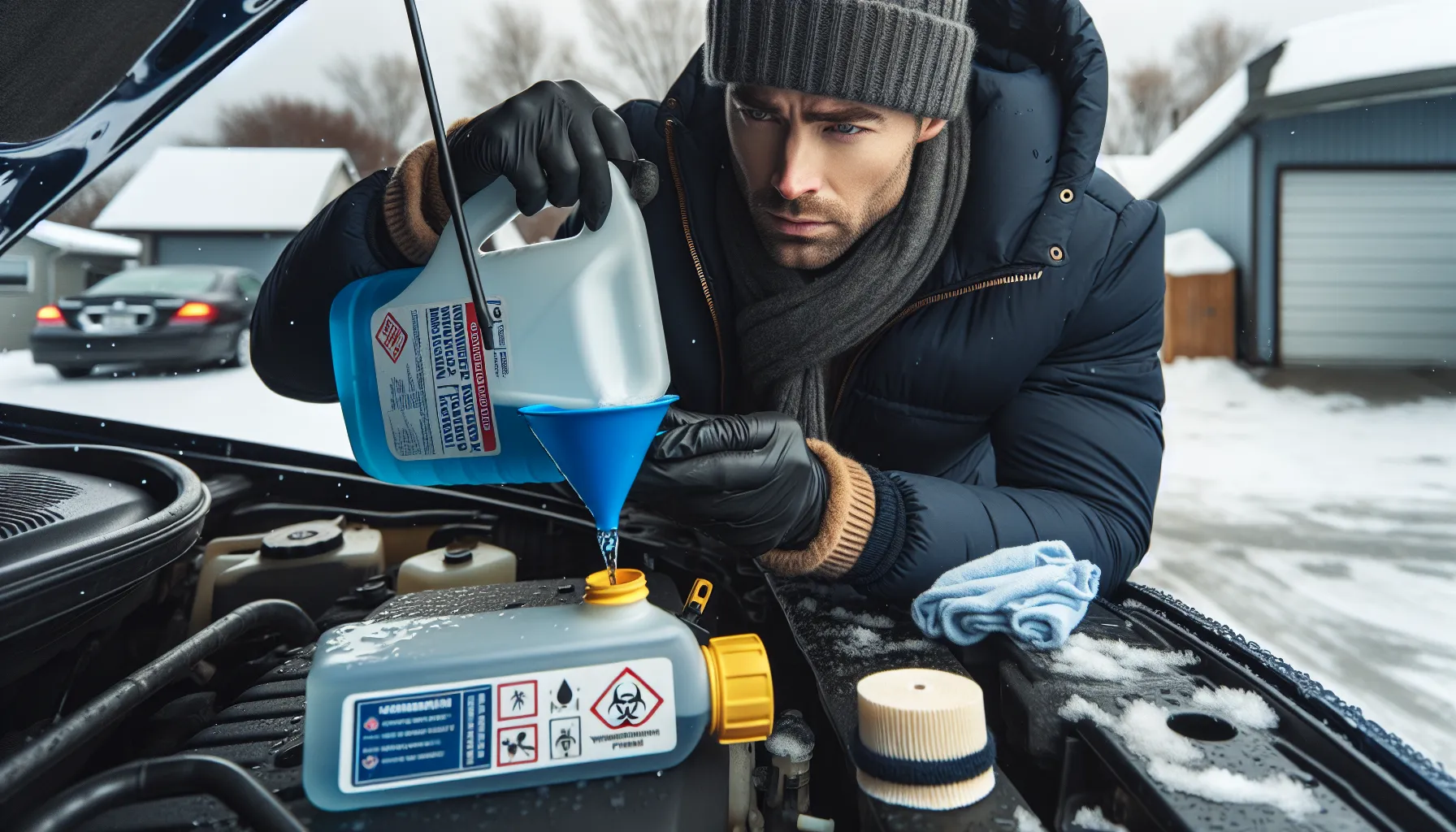 Gloved hands pour blue washer fluid into car with funnel in winter.