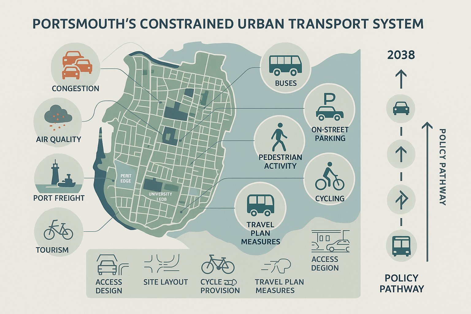 Infographic of Portsmouth transport constraints, policy direction, and sustainable travel priorities.