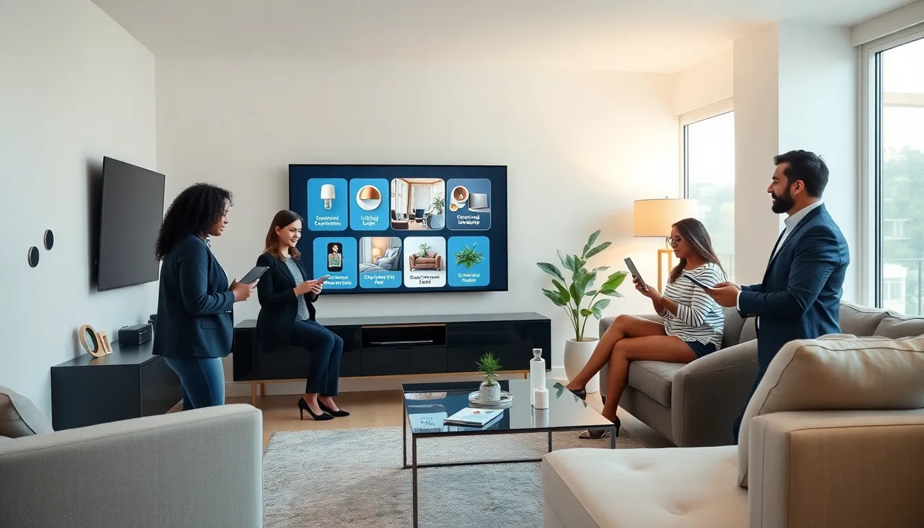 diverse professionals discussing smart home technology in a modern living room.
