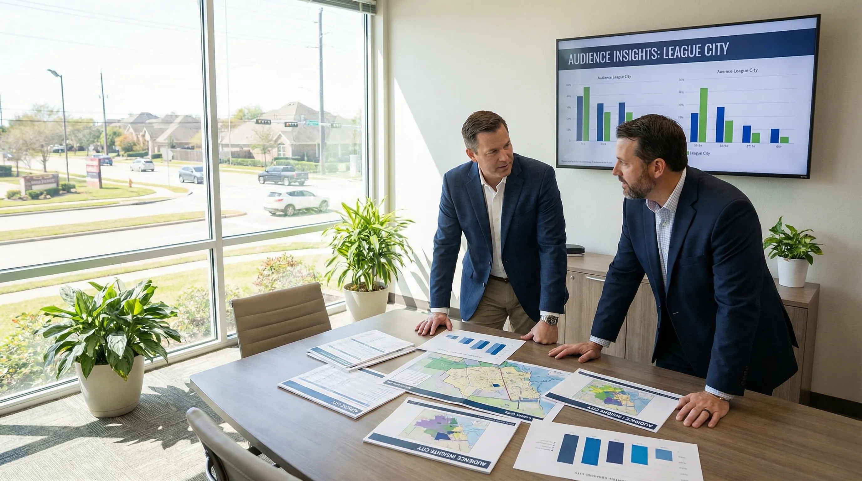 League City business owner reviewing clear monthly social media analytics with a consultant in a bright conference room.