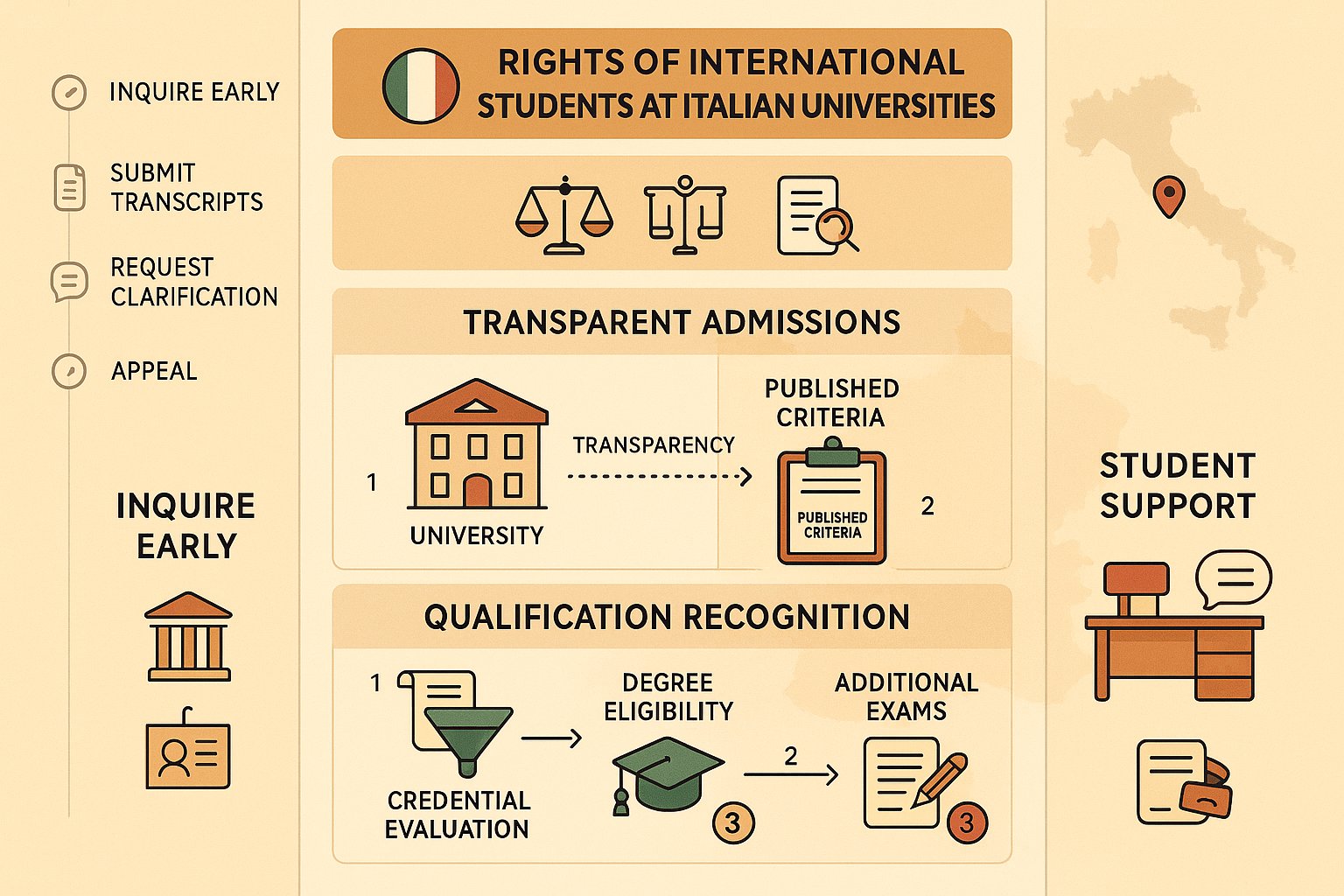 Infografica di flusso dei diritti degli studenti internazionali e passi di riconoscimento in Italia.