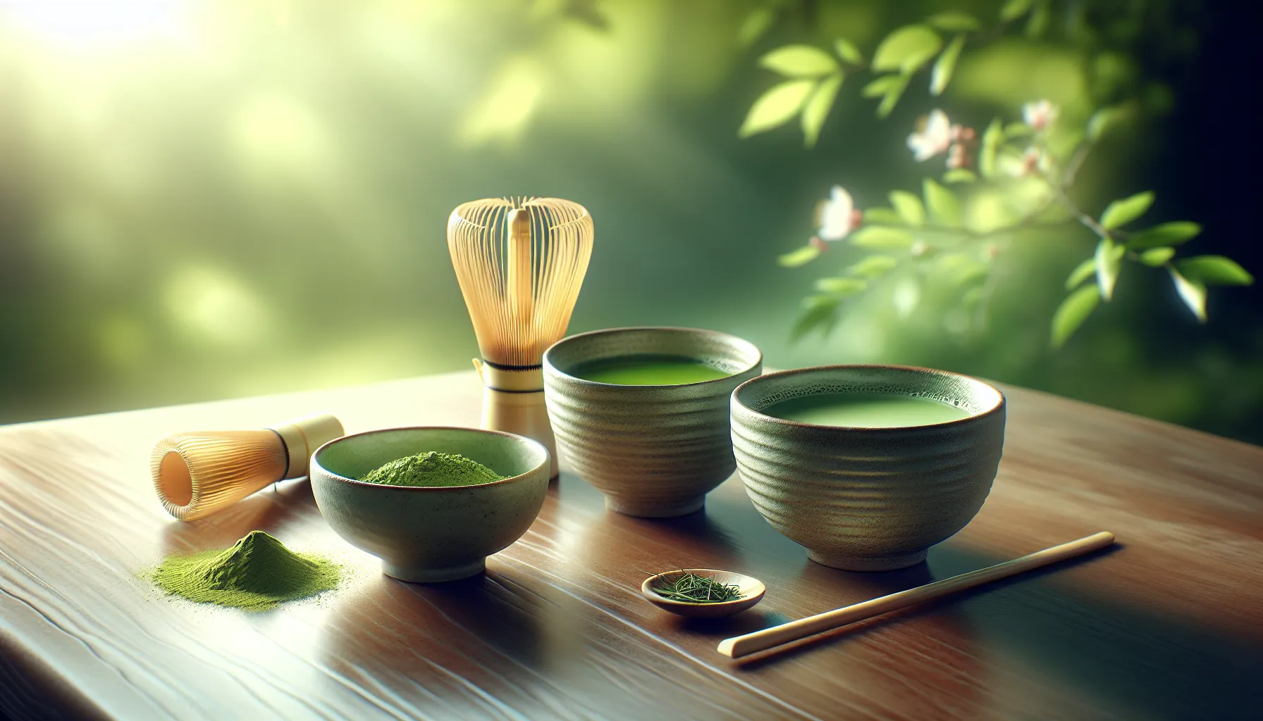 Comparison of matcha and green tea in distinct cups with accessories.