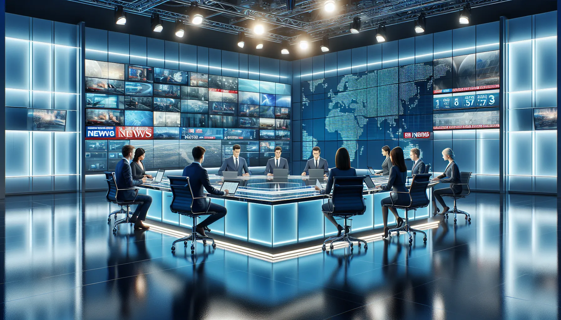 diverse journalists in a modern newsroom reporting live news.