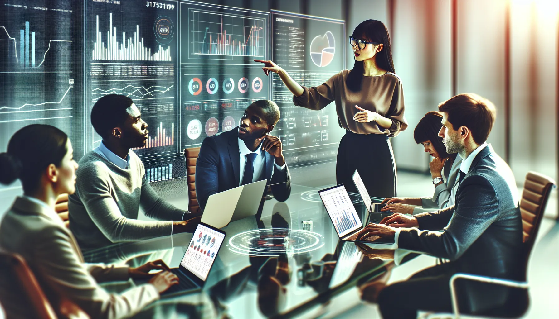 team collaborating in a modern office, analyzing data on laptops.