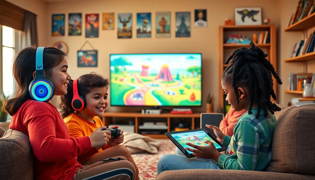 Children playing innovative video games in a cozy living room.