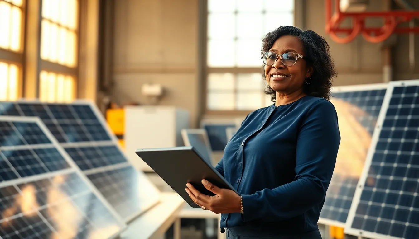 Peggy L. Carlton reviewing plans in a solar energy lab.