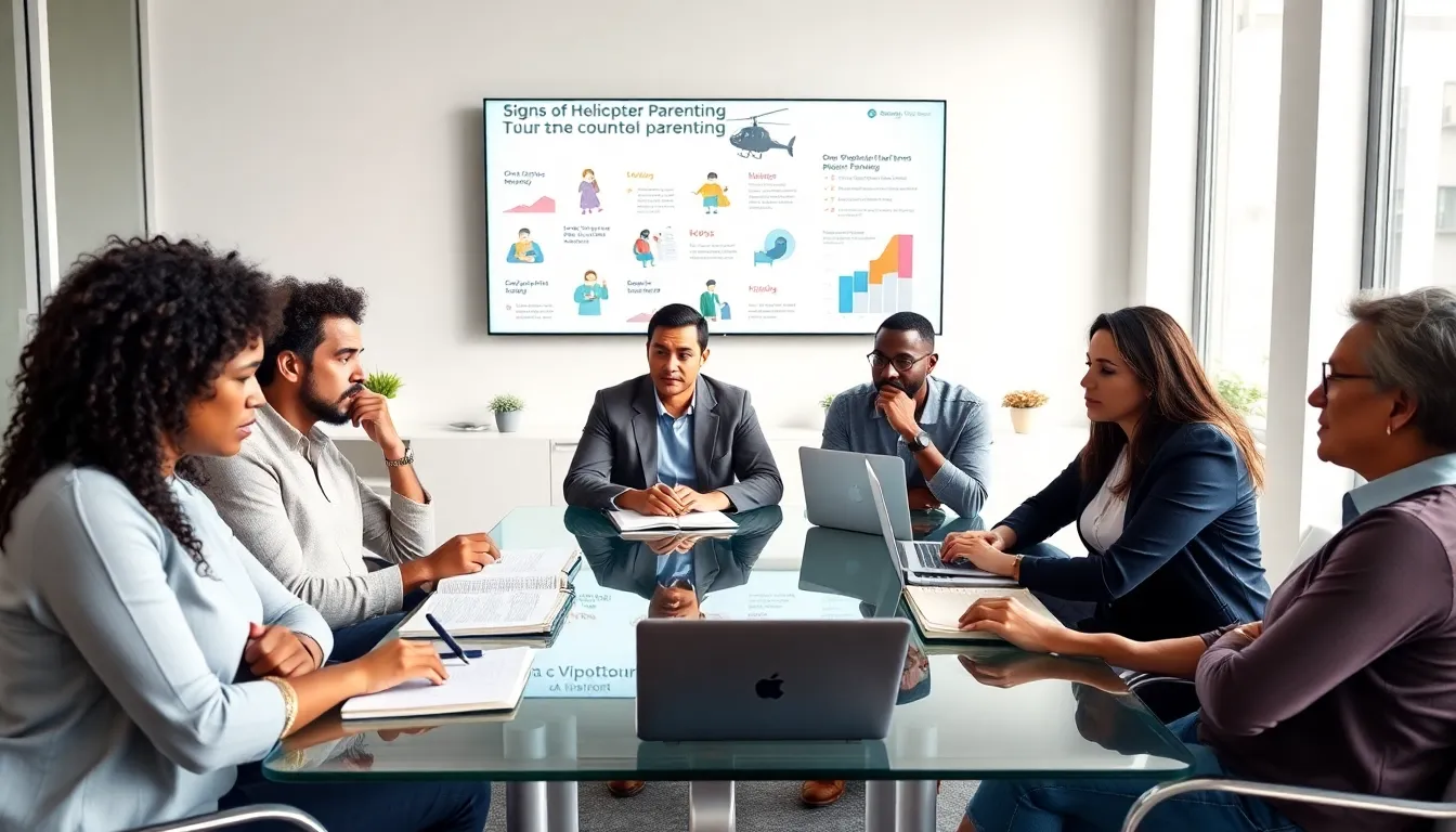 diverse parents discussing helicopter parenting in a counseling setting.