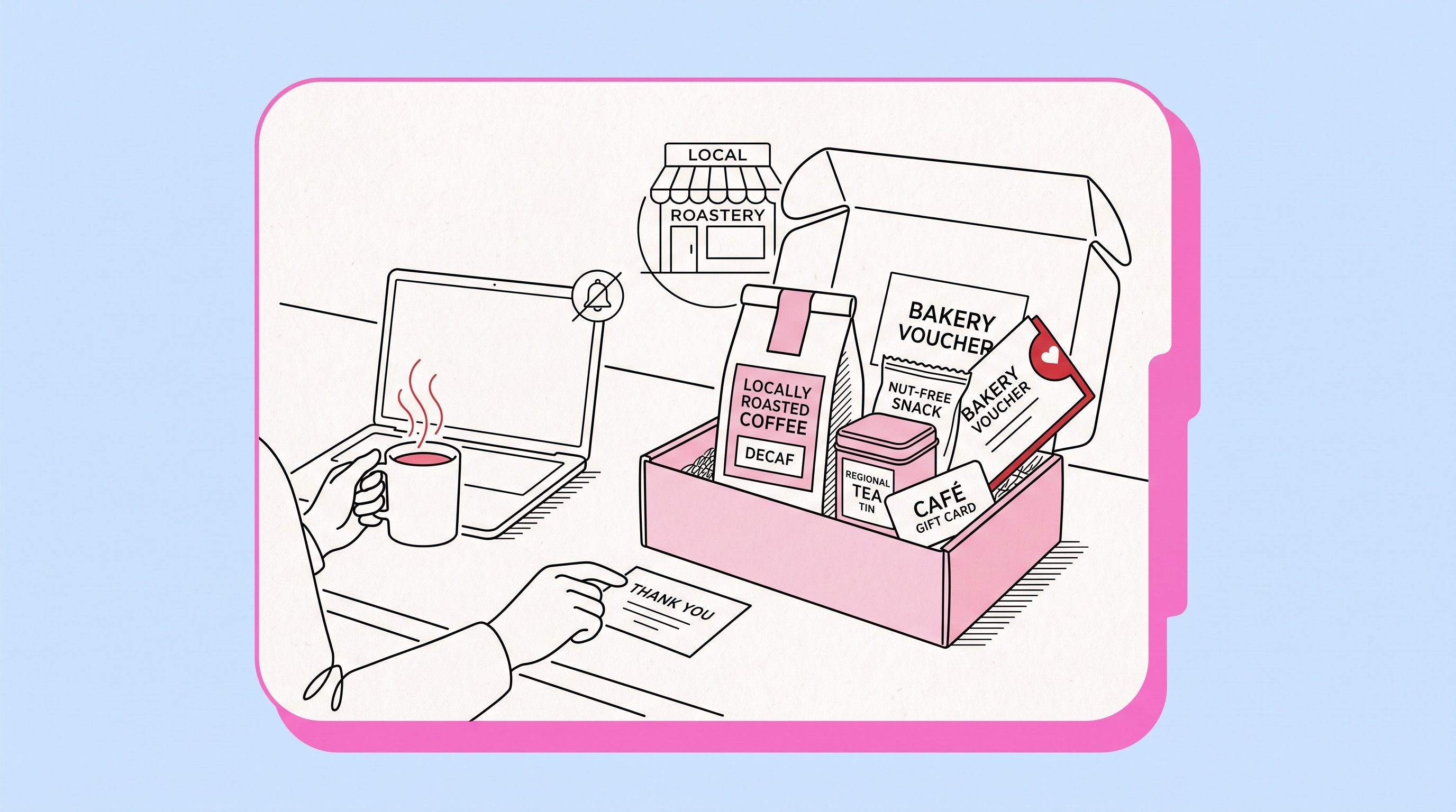 Remote worker enjoys a coffee gift box during a short work break.