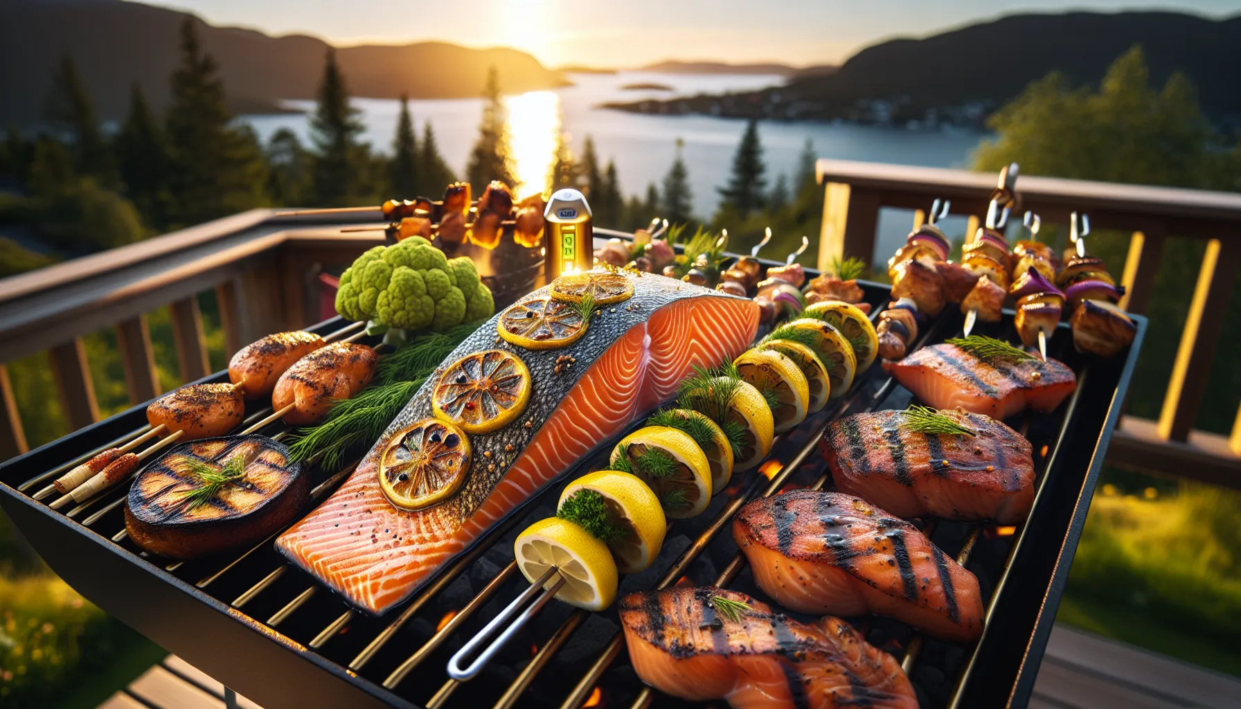 Glazed salmon on norwegian grill with varied meats, seafood and vegetables.