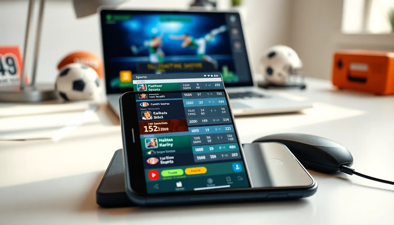 smartphone displaying real-time sports scores in a modern office.