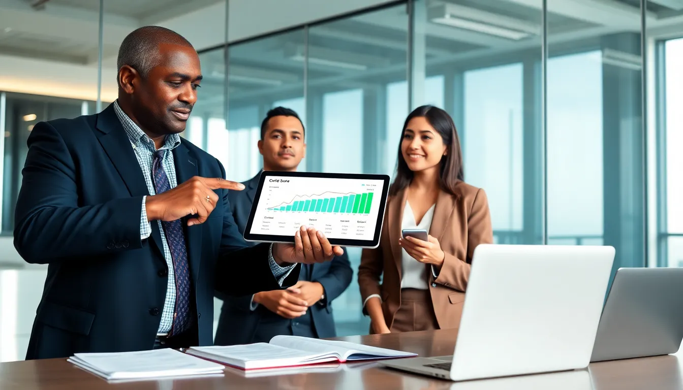 diverse team discussing credit scores in a modern office.