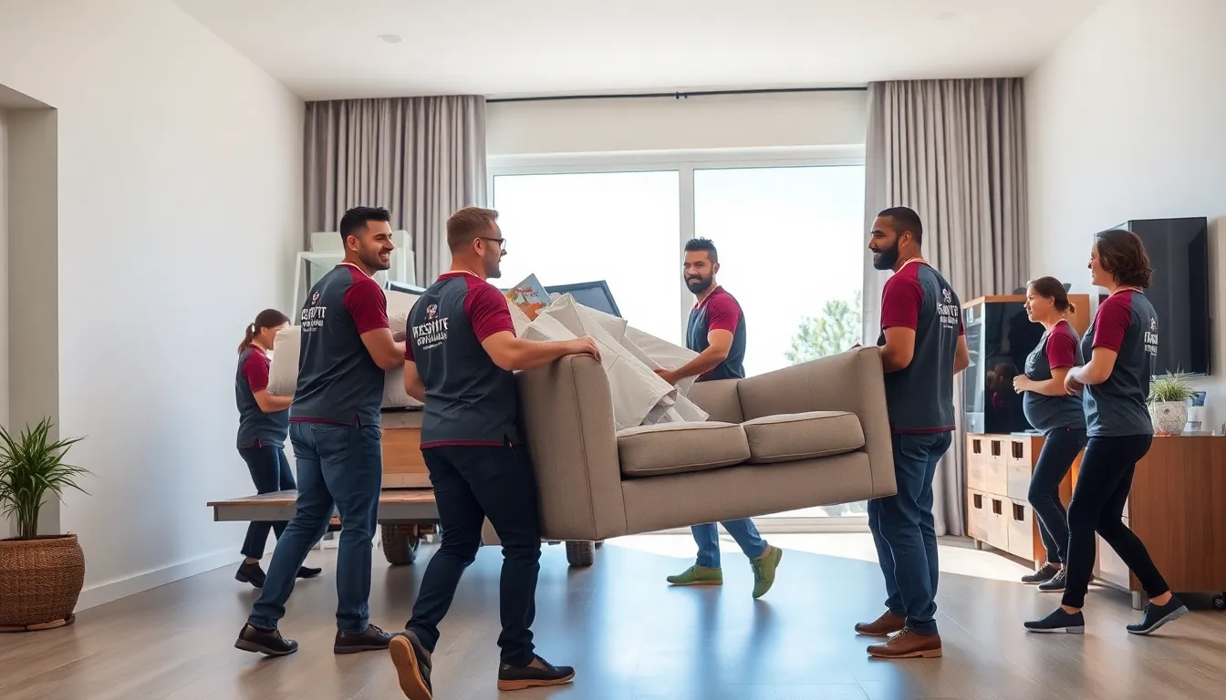 diverse junk haulers working together to remove furniture from a home.