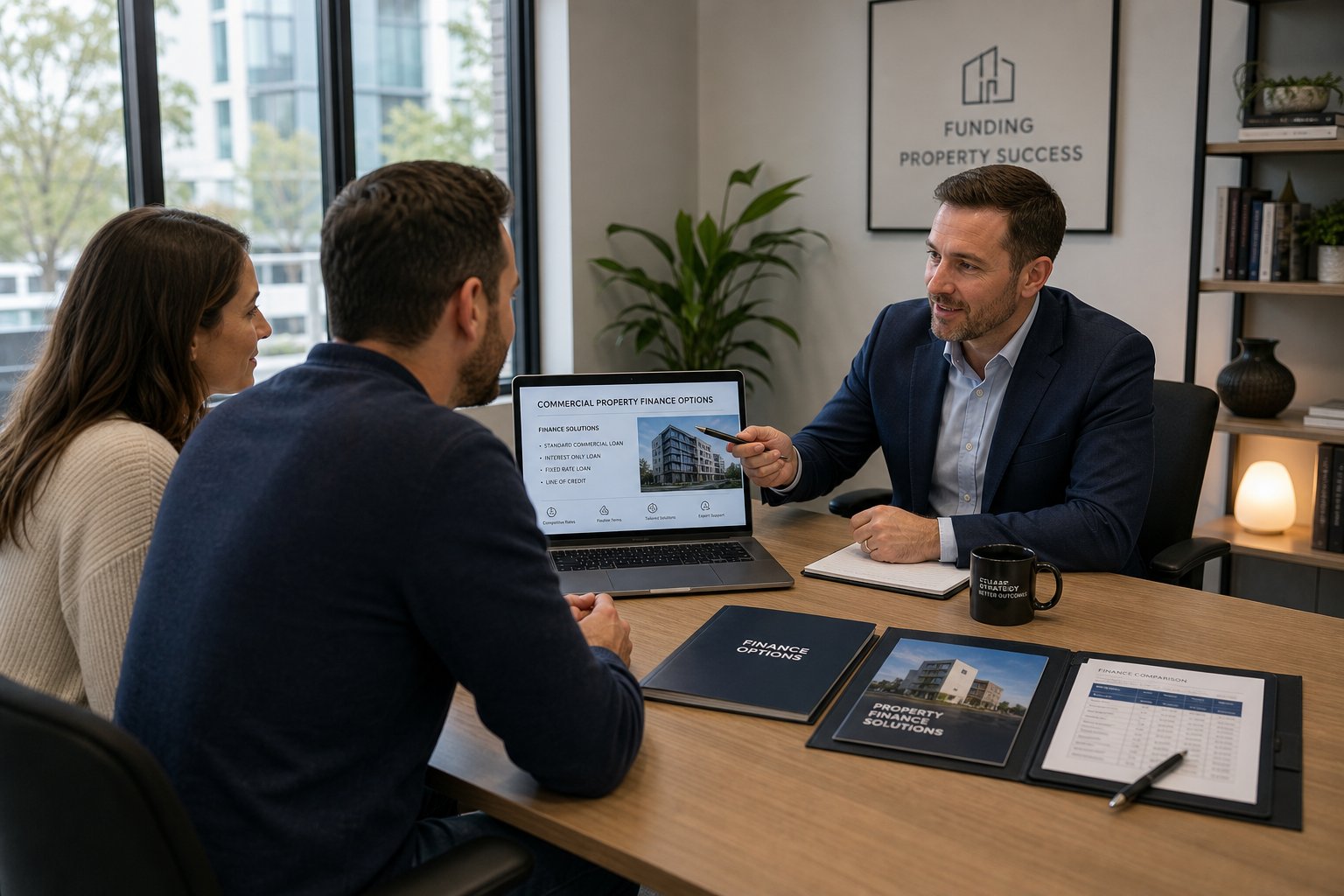 Commercial mortgage consultation with a broker presenting finance options to property investors.