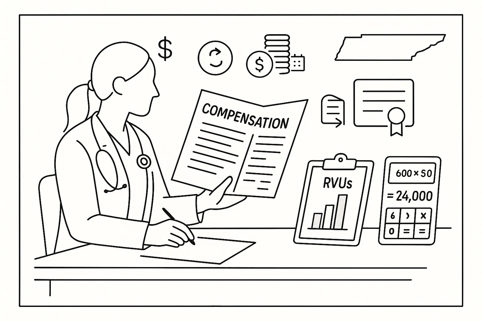 A PA at a desk reviewing a compensation contract with RVU calculator and icons.