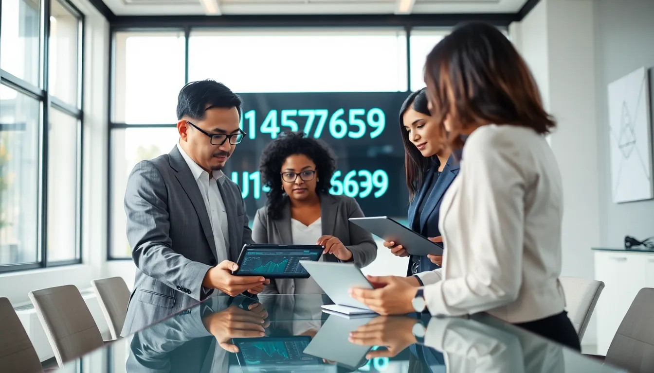 diverse team discussing data in a modern office setting.