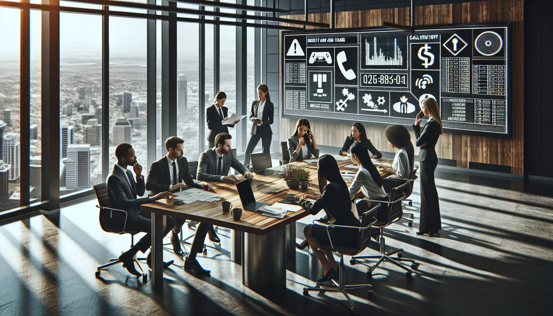 diverse team discussing spam call identification in a modern office.