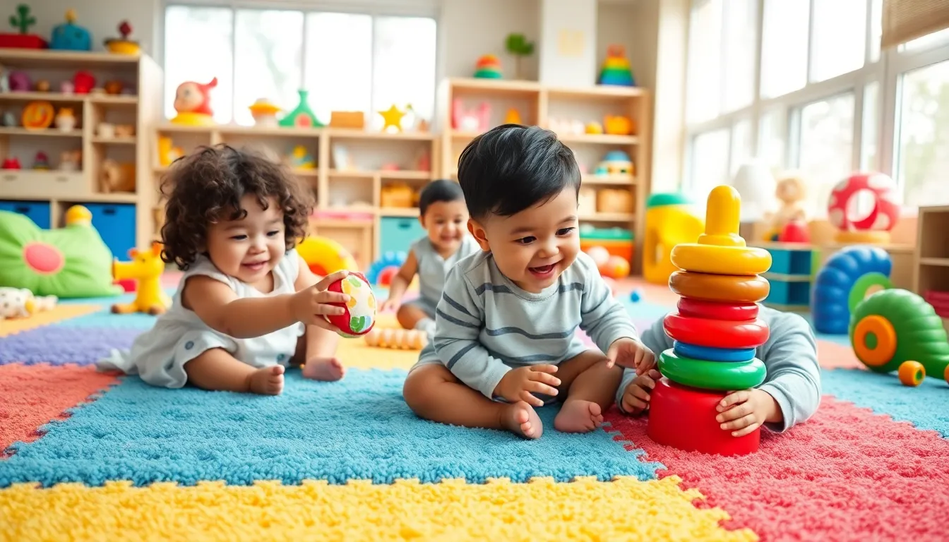 diverse babies playing joyfully in a colorful play area.