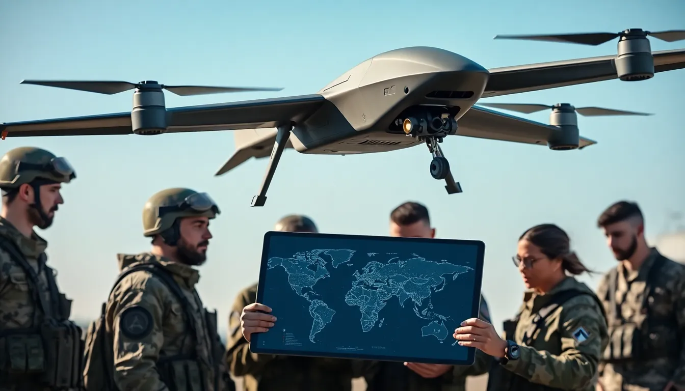 military drone hovering over a strategy meeting with personnel.