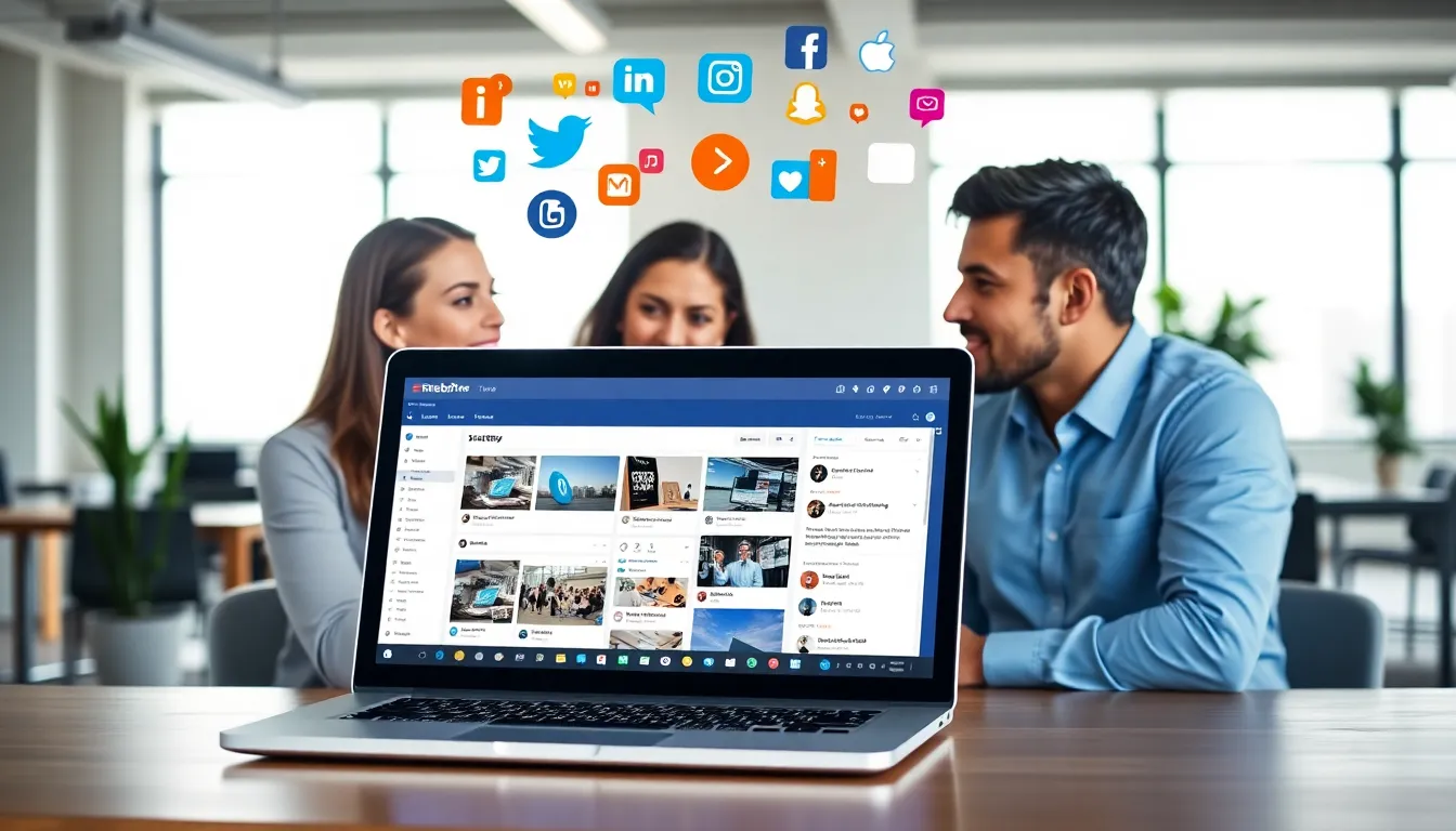 team discussing social media integration in a modern office.