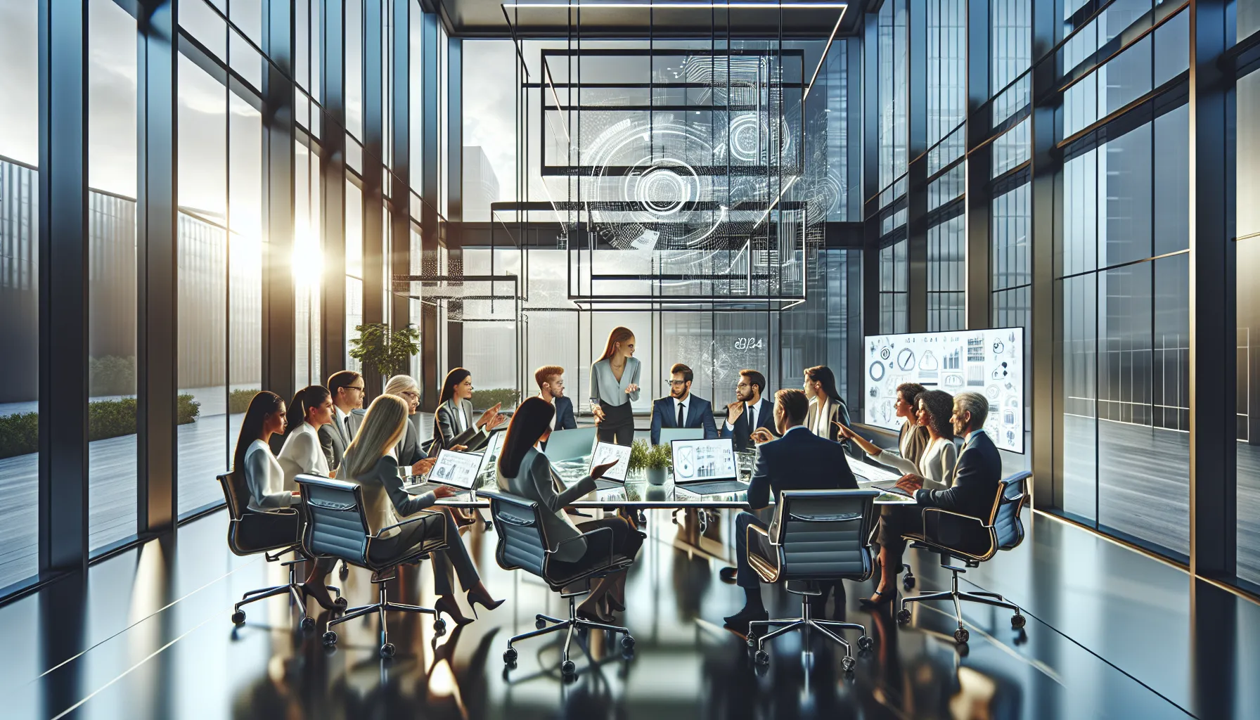 diverse team collaborating in a modern office around a conference table.