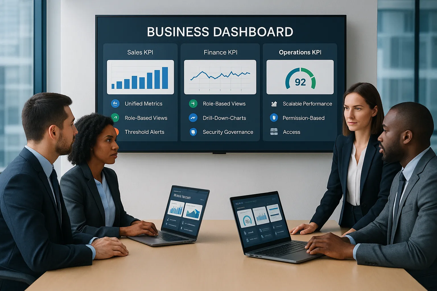 Professionals reviewing KPI dashboards in a modern office.