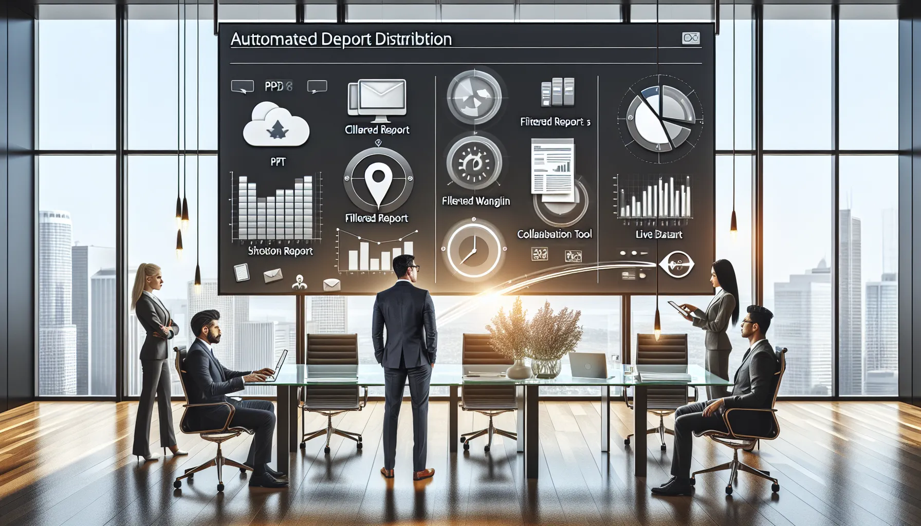 Professionals viewing automated Power BI report distribution on a large office dashboard.