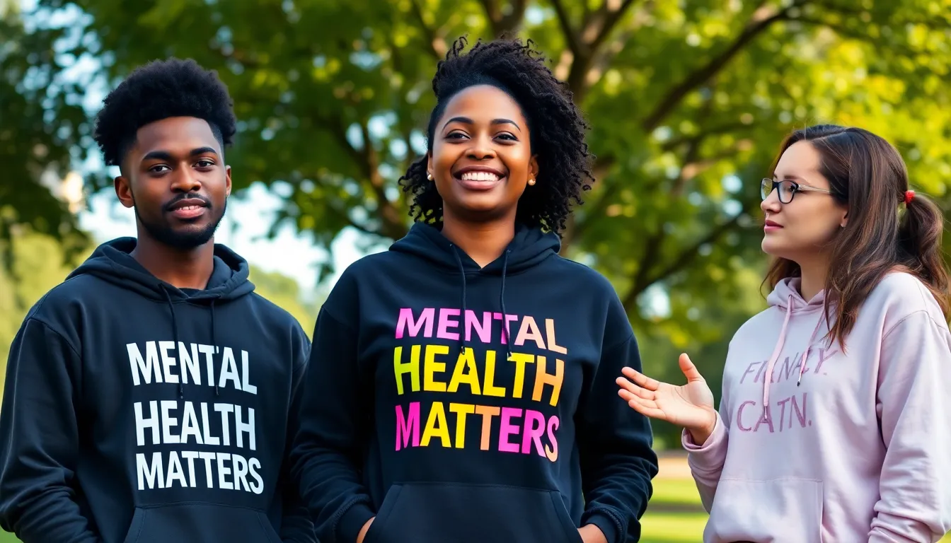 group wearing mental health hoodies in a park.