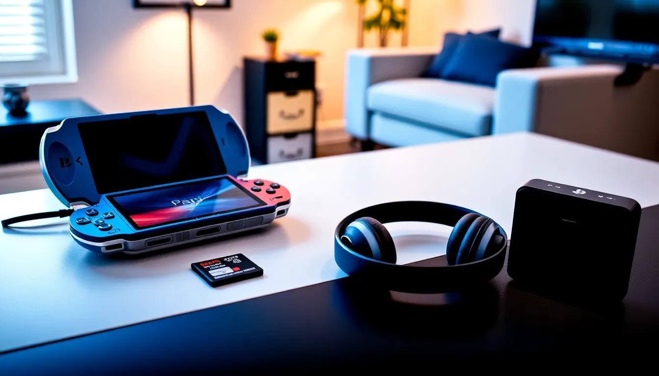 arrangement of PlayStation Portable accessories on a modern desk.