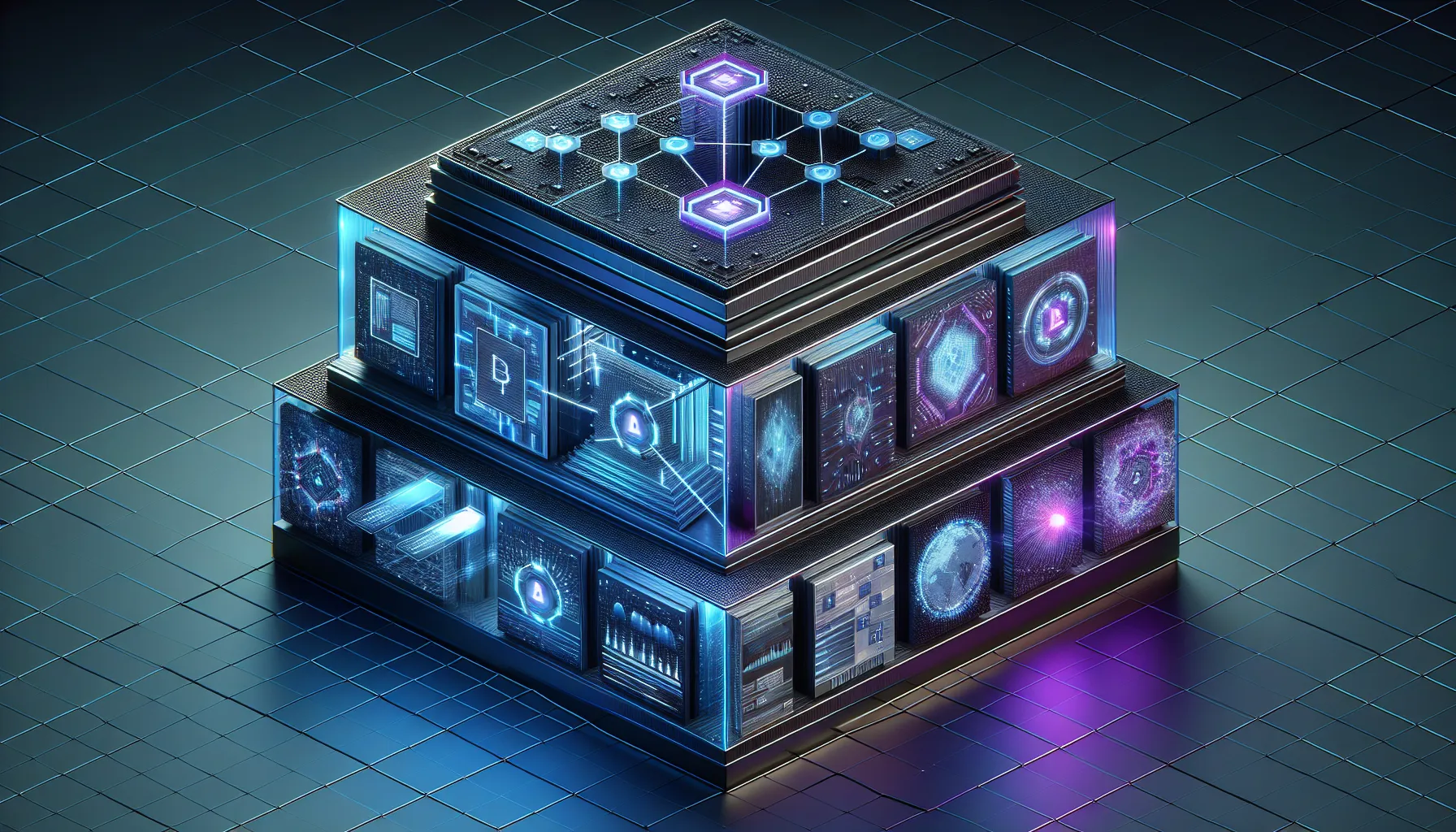 3D layered blockchain architecture showing three distinct tiers with glowing nodes and data streams