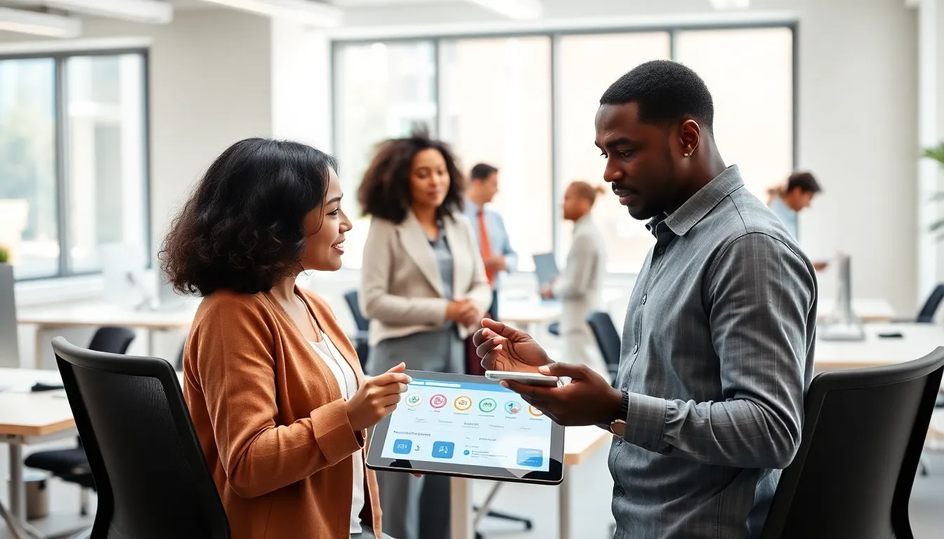 diverse professionals collaborating on a digital platform in a modern office.