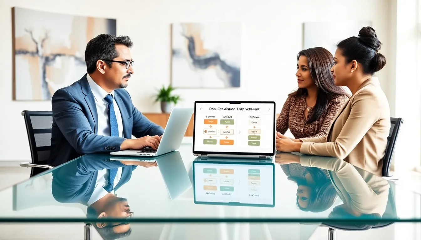financial advisor discussing debt relief options with a diverse couple.
