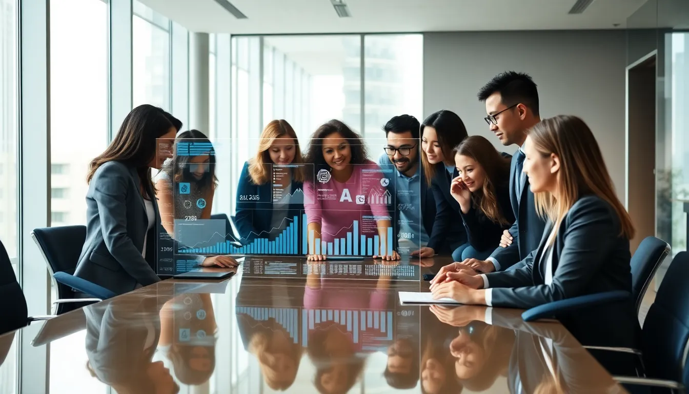 diverse professionals collaborating over advanced technology in an office.