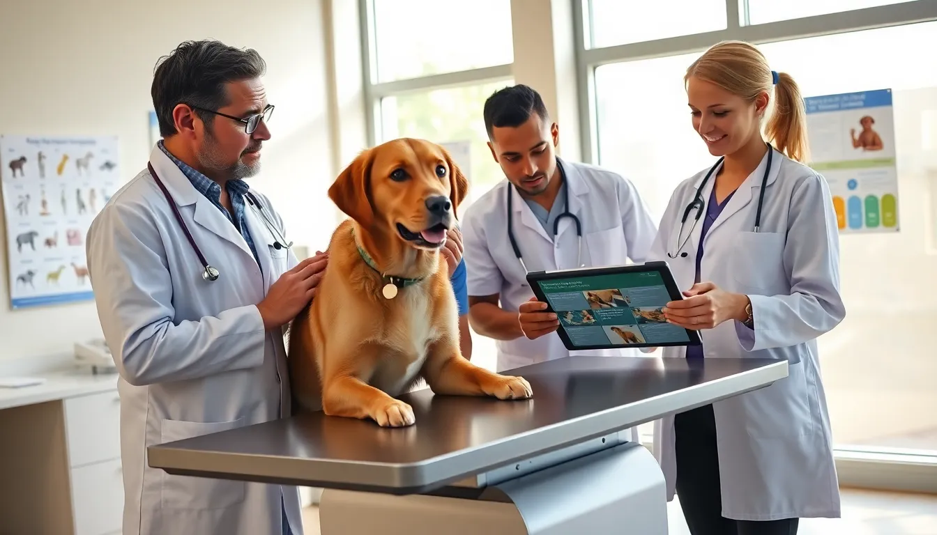 veterinarians examining a dog in a modern clinic setting.