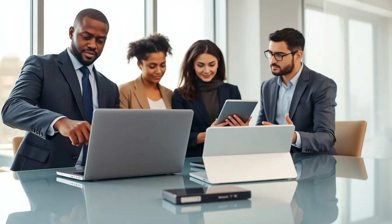 diverse professionals discussing altcoin wallets in a modern office.