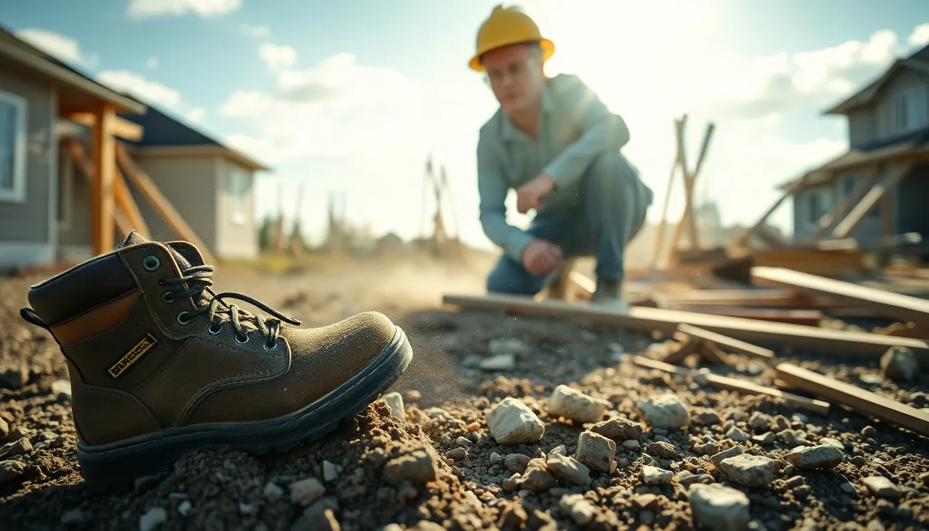 construction site showing dust and debris with a worker inspecting the area.